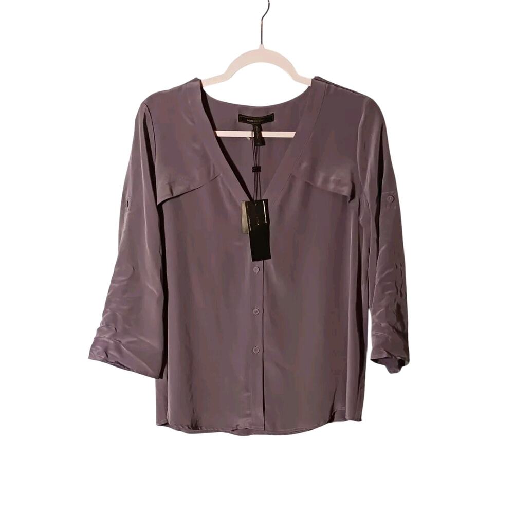 BCBG Maxazria Womens XS Frosted Plum 3/4 Tab Sleeve Blouse 100% Silk Top NWT